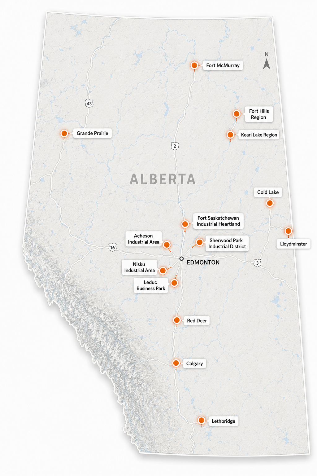 Map of Alberta showing Nexora Freight service areas including Edmonton, Calgary, Fort McMurray, Grande Prairie and the Industrial Heartland